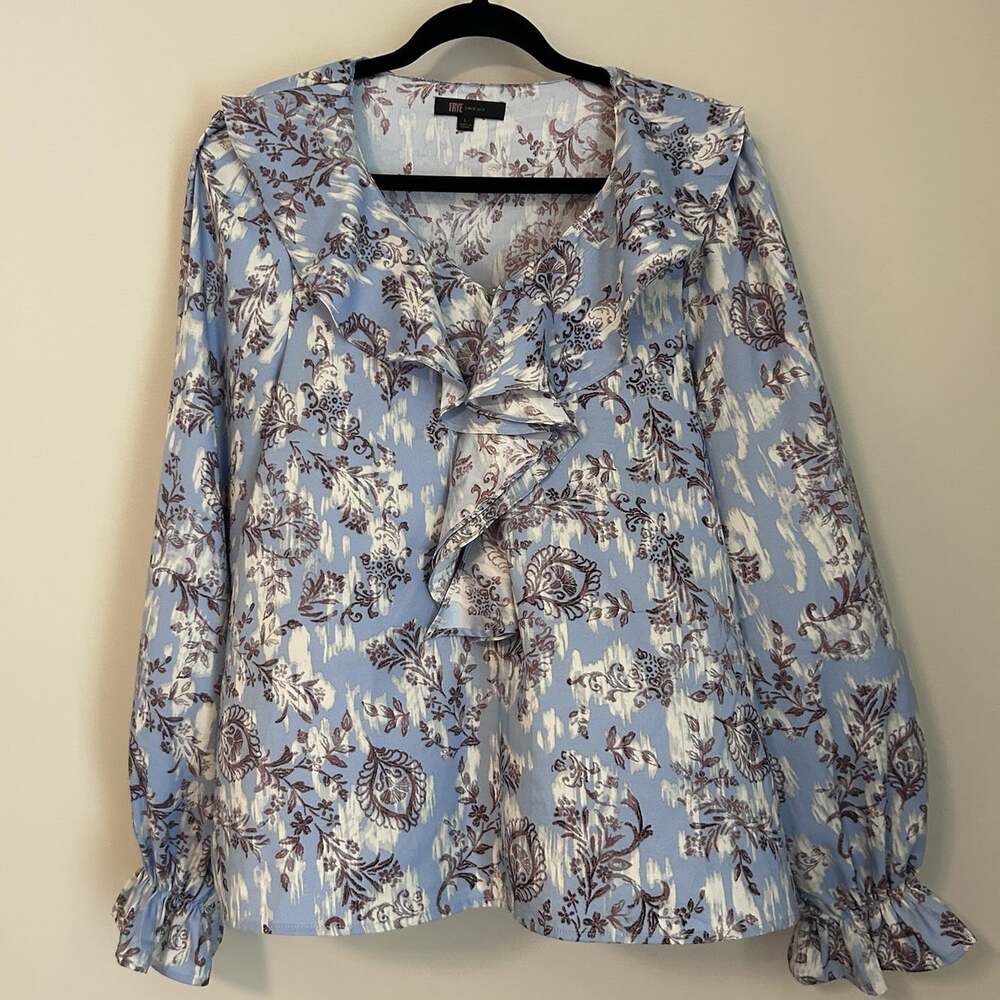 Frye Women’s Large Blue Floral Ruffle Blouse Boho Western Ella Langley
